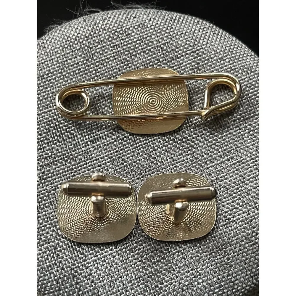 Vintage Cuff Link And Tie Bar Pin Gold Tone MCM Retro Career Business Workwear